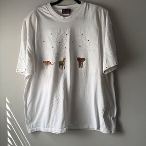 P.G.B. Safari Animal Embroidered T-Shirt 2X White Good Vintage Studded Graphic